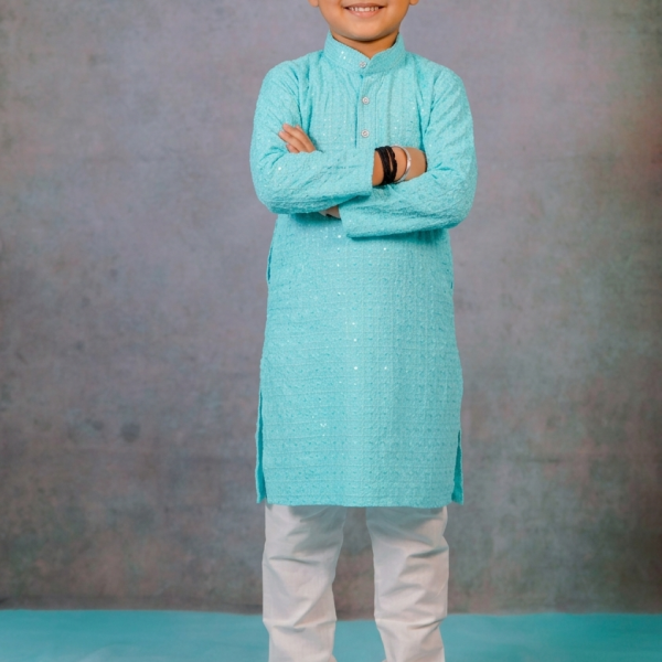 Sky Blue Lakhnavi Kurta For Boys