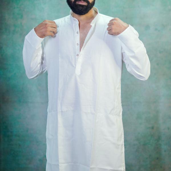 White Plain Kurta For Men