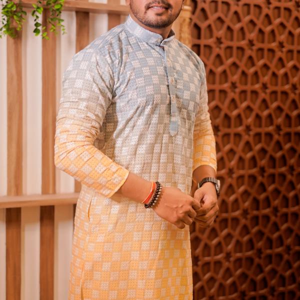 Luckhnavi Ombre Blue & Orange Kurta For Men