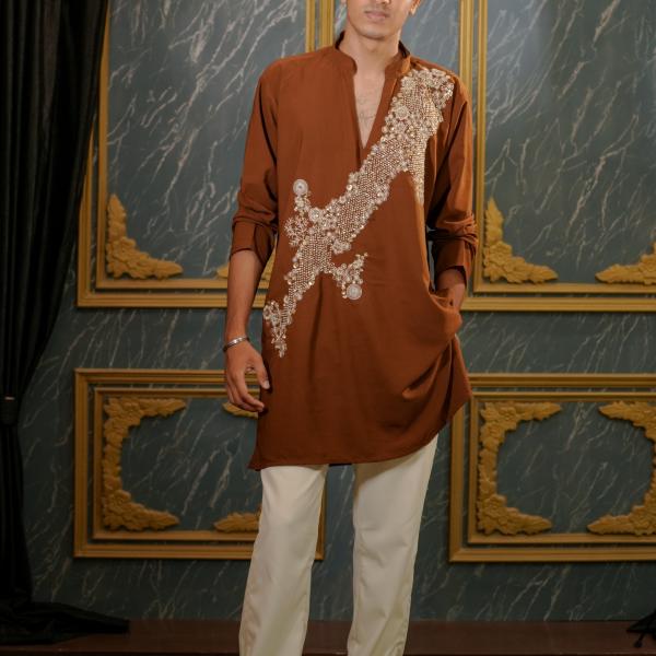 Rust Designer Handwork Kurta For Men