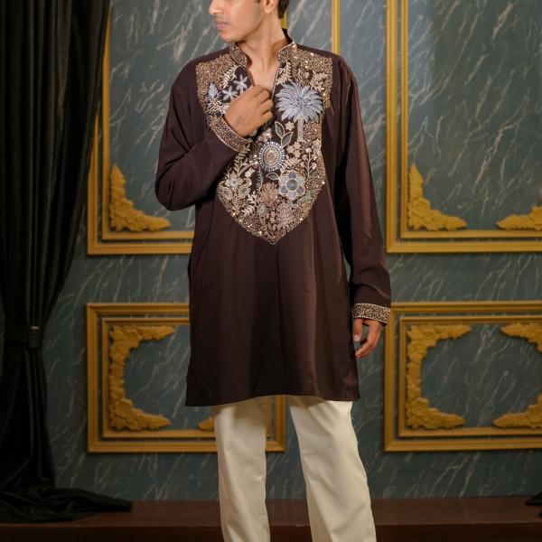 Regal Charm: Plum Elephant Handwork Kurta for Men