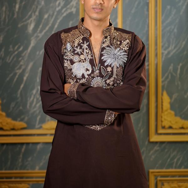 Regal Charm: Plum Elephant Handwork Kurta for Men