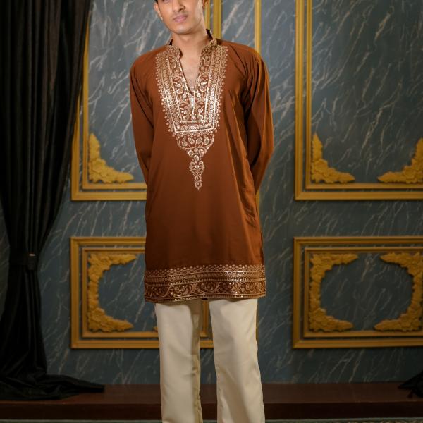 Teracotta Gold Work Kurta For Men