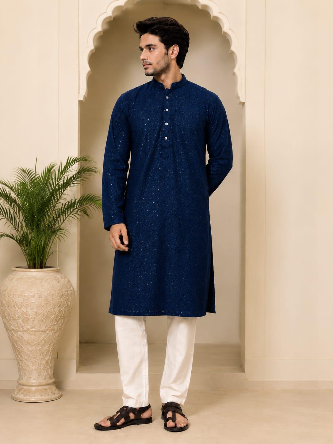 Navy Blue Sequin Lakhnavi Kurta Online For Men