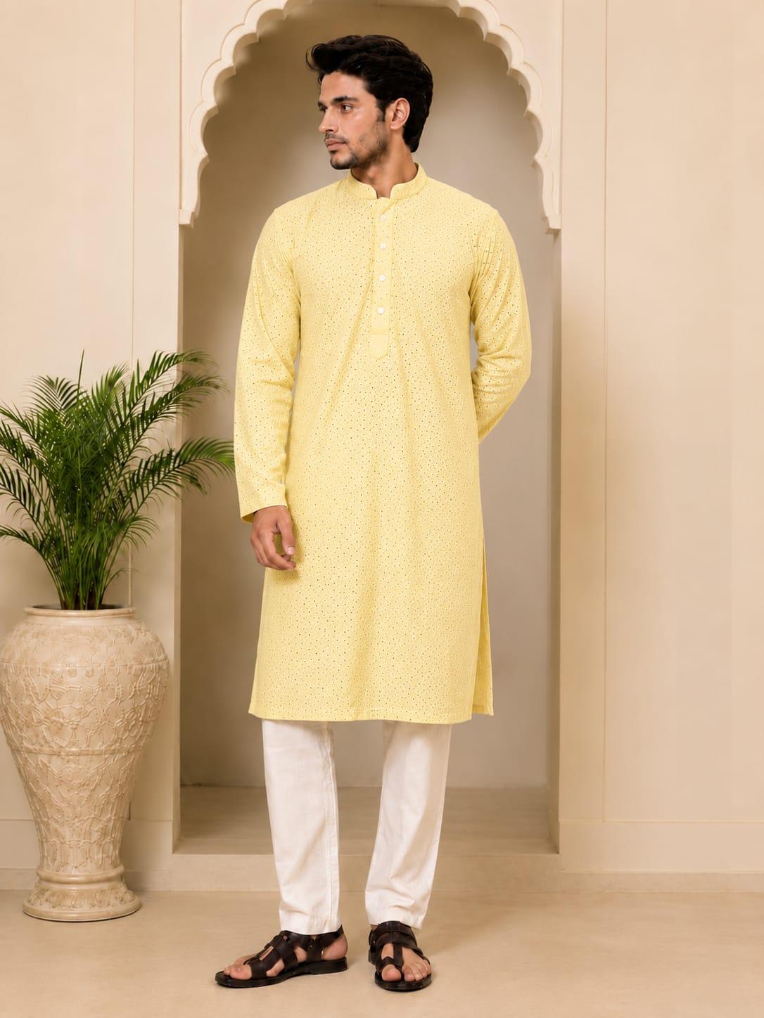 Butter Yellow Lakhnavi Kurta for Men