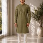 Olive green solid plain kurta