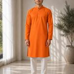 Tangy Orange Solid Plain Kurta for Men
