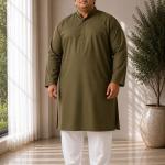 Plus size olive green solid kurta for men