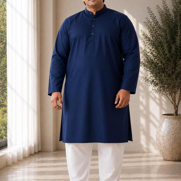 Plus Size Navy Blue Solid Kurta For Men