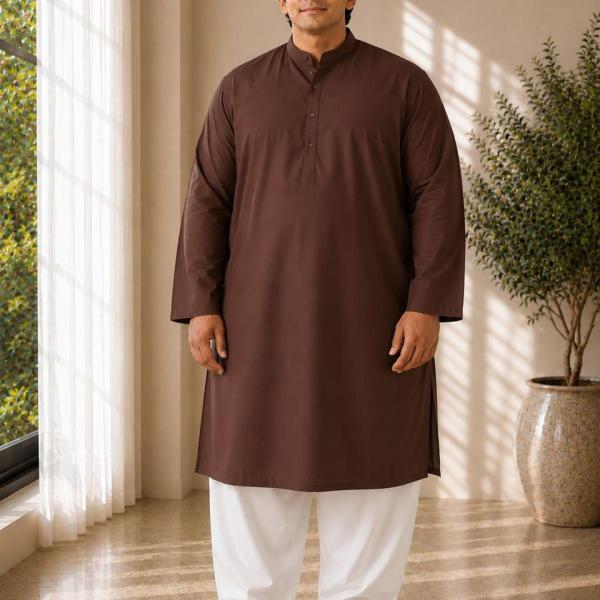 Plus size brown solid kurta for men