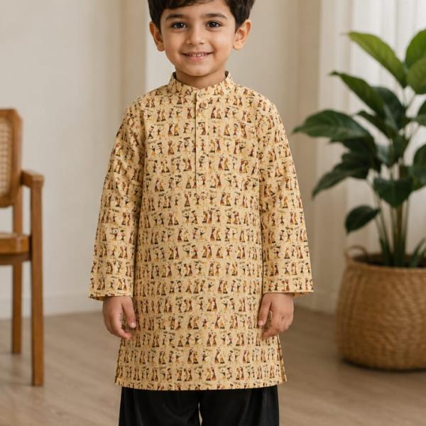 Beige Printed Cotton Kurta For Boys
